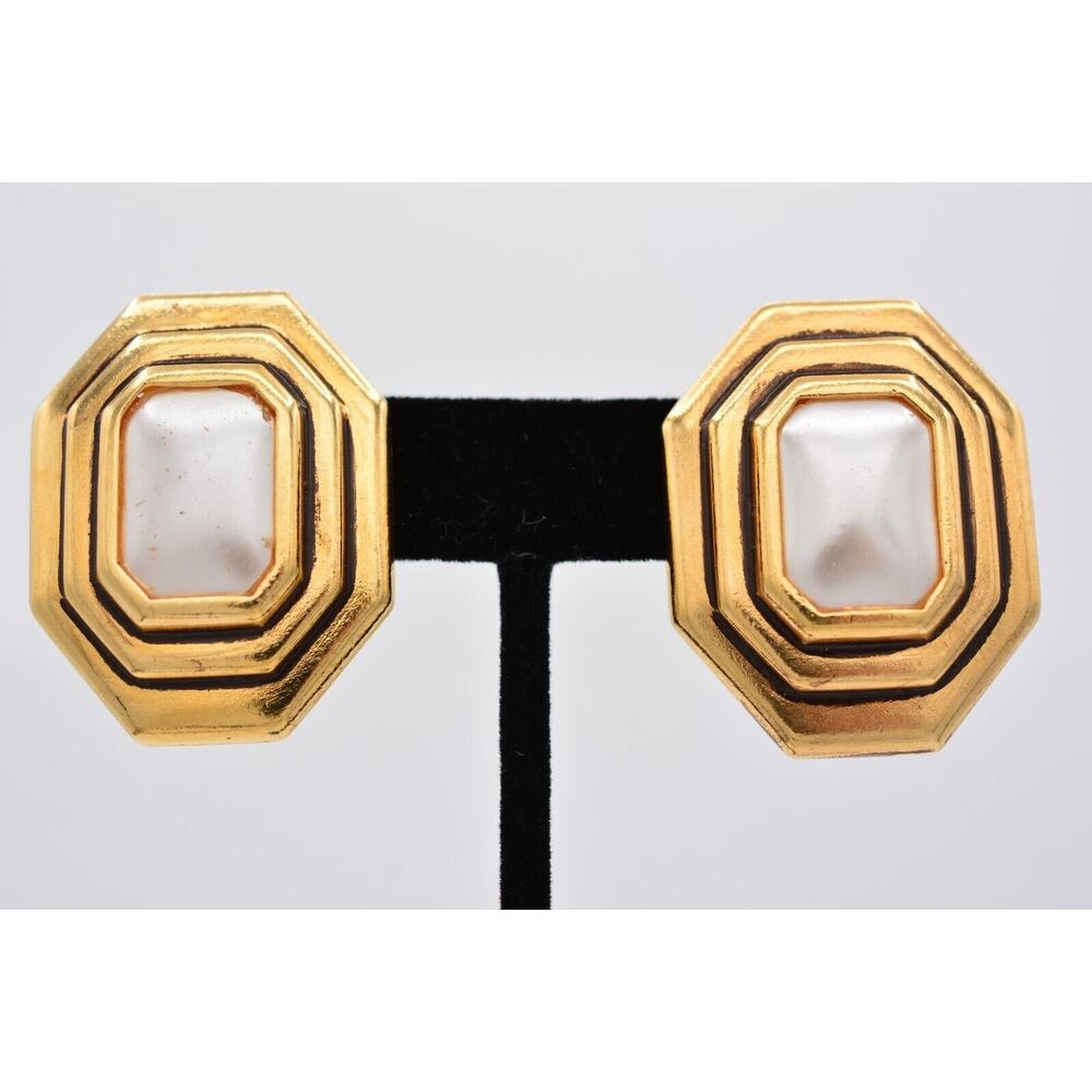 Diva Vintage Clip On Earrings Faux Pearl Antiqued Gold Heavy Chunky Signed BinAY